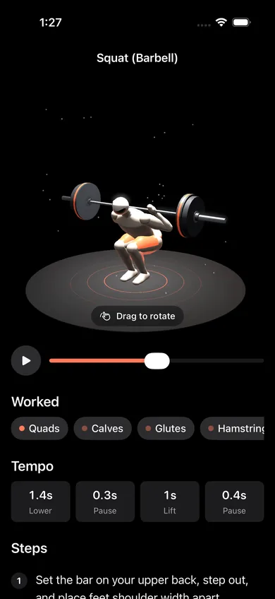 Setwise on iOS in dark mode: the barbell squat screen with a live 3D figure, a rep scrubber, the worked muscles and the tempo.