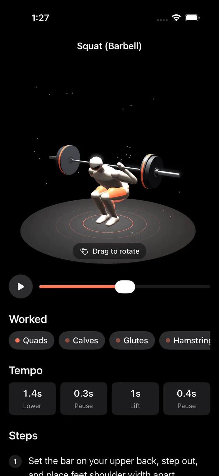 Setwise on iOS in dark mode: the barbell squat screen with a live 3D figure, a rep scrubber, the worked muscles and the tempo.
