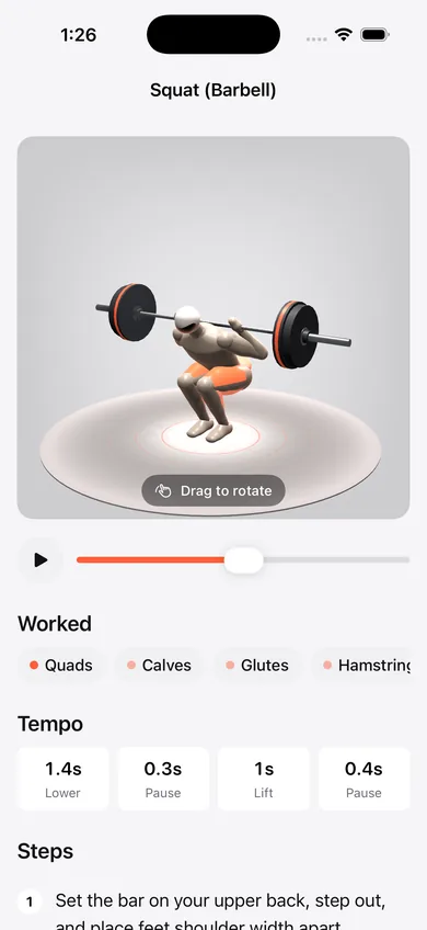 Setwise on iOS in light mode: the barbell squat screen with a live 3D figure, a rep scrubber and the worked muscles.