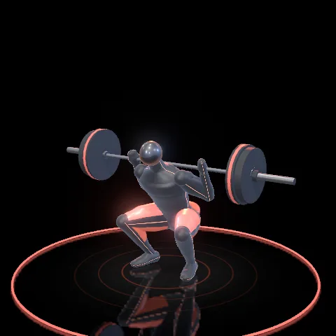A single fixed frame of a barbell squat, standing in for a recorded clip.